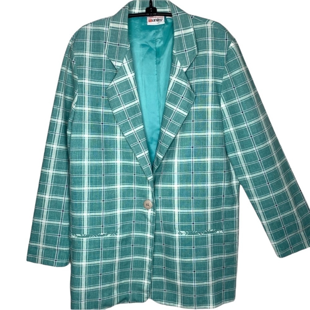 Units USA Aqua Blue Plaid Print Oversized Boyfriend Blazer Size S Lightweight